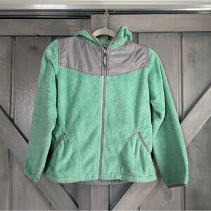 The north face aqua mint gray fuzzy jacket zip up hood size Large 14/16‎